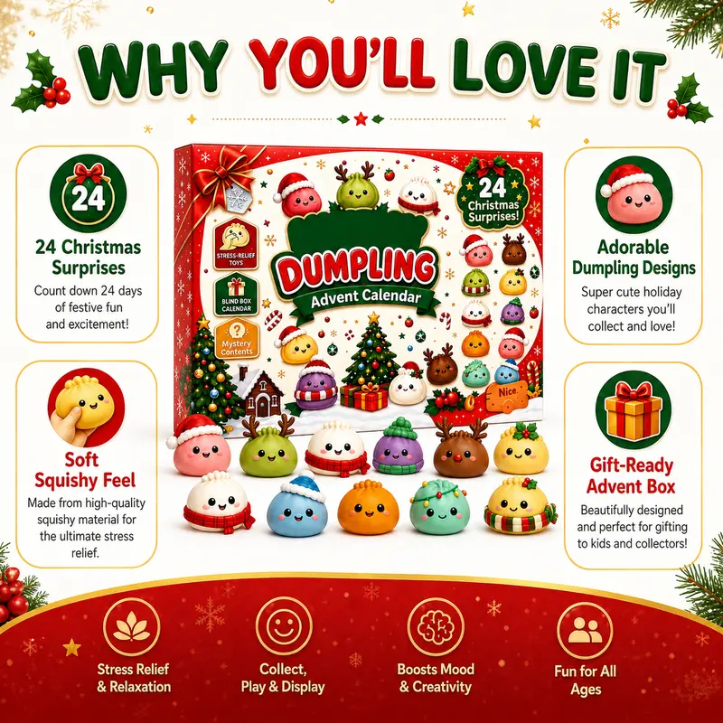 2026 Dumpling Squishy Advent Calendar - Indoor Recreation Stress Relief Toy, 24 Surprise Kawaii Mini Food Squishy Figures, Cute Christmas Countdown Holiday Gift